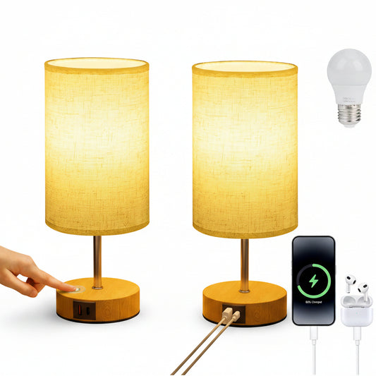 Suright Bedside Lamps Set of 2 with USB A+C Charging Ports 3-Way Dimmable Touch Control Table Lamp with Linen Fabric Shade LED Bulb Included
