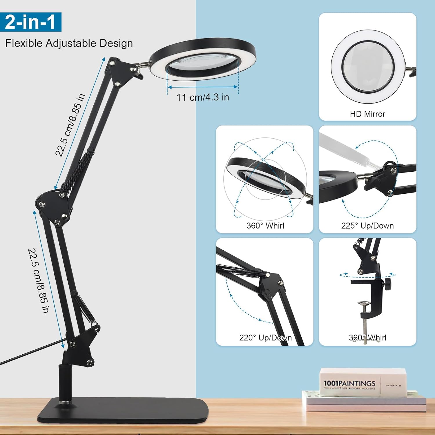 2-in-1 LED Magnifier Desk Lamp with Clamp, Adjustable Light, 2.25X Magnification