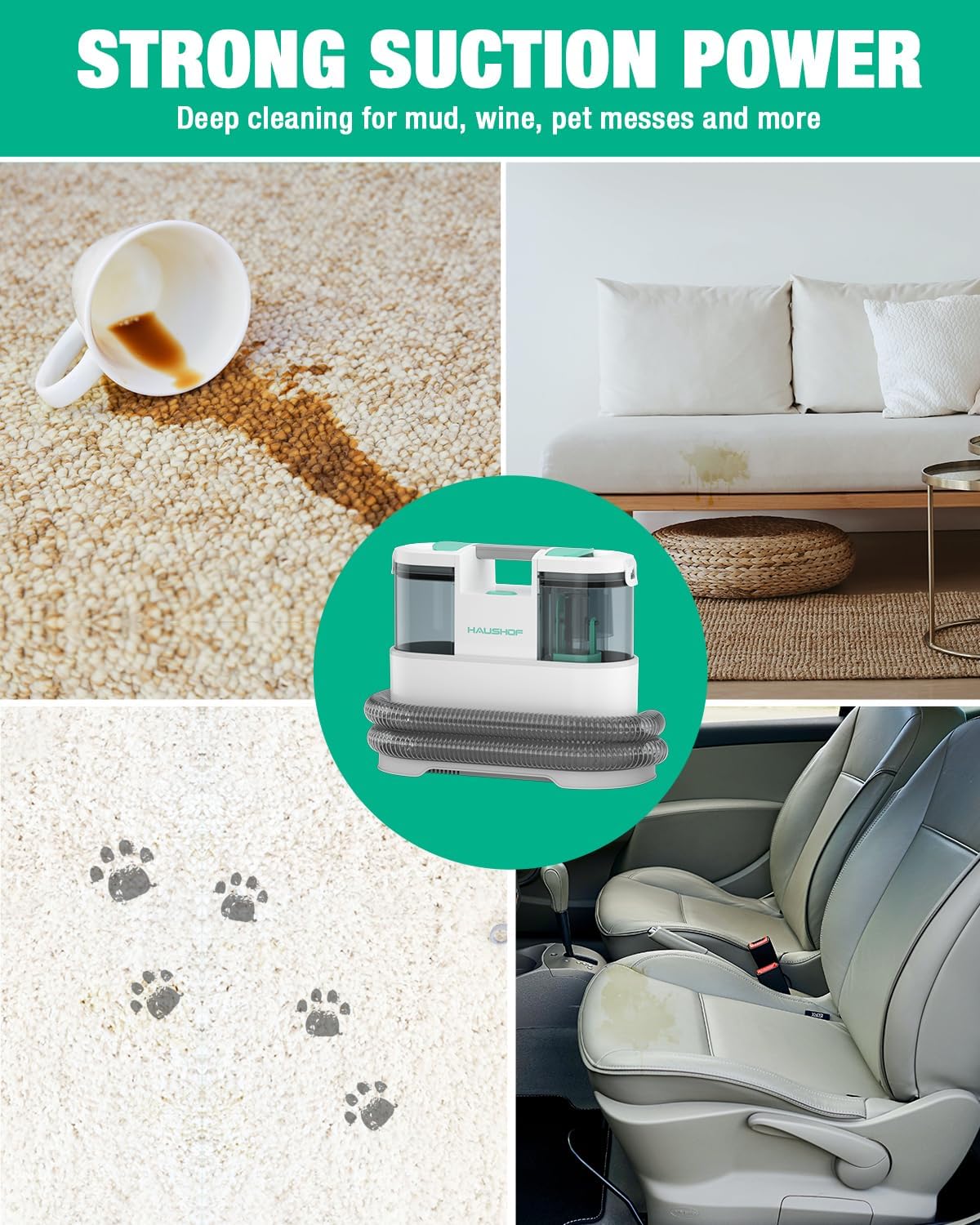 HAUSHOF Portable Spot Cleaner: Powerful Suction for Pet Stains & Upholstery