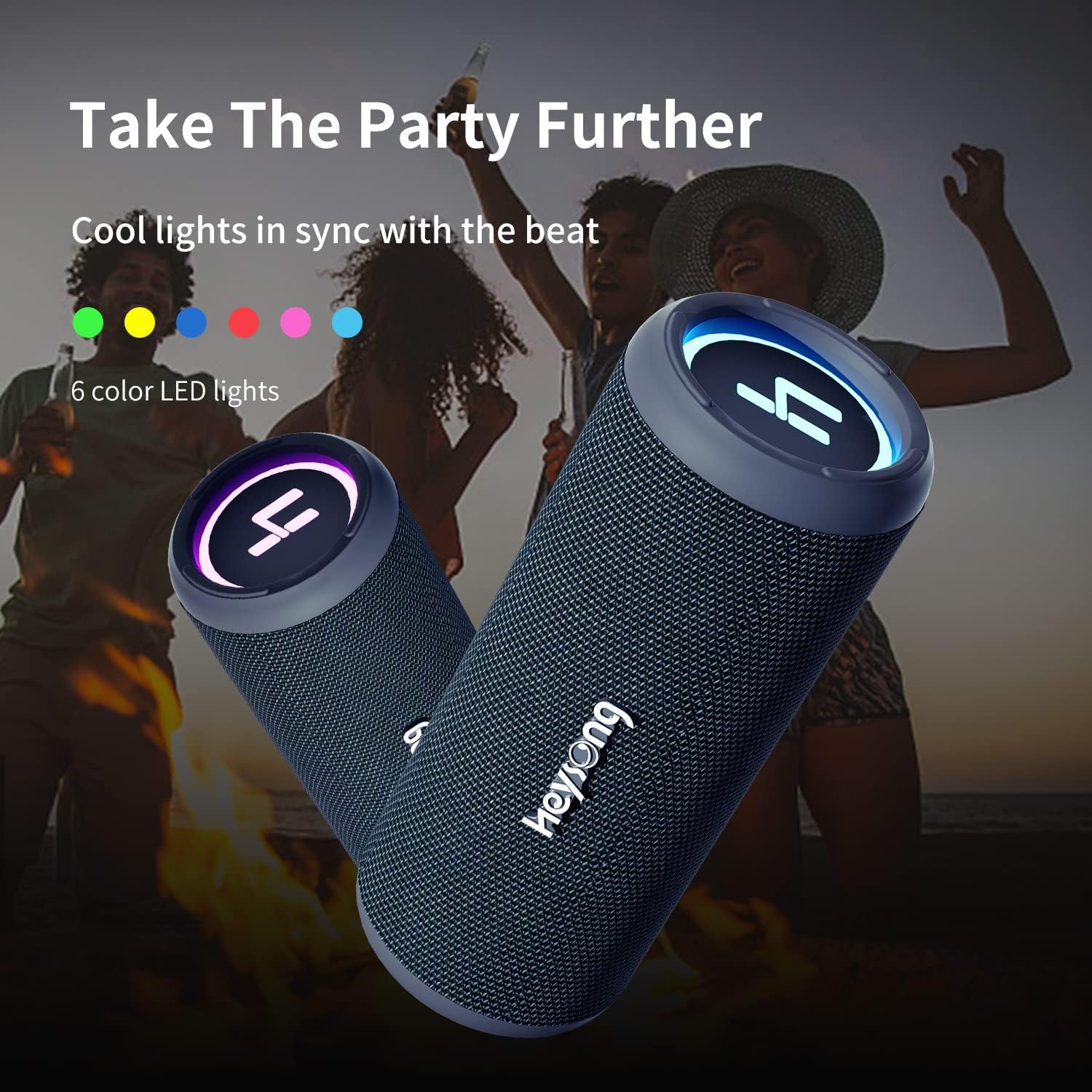 HEYSONG Sonic Blast Waterproof Bluetooth Speaker with LED Light, 20W