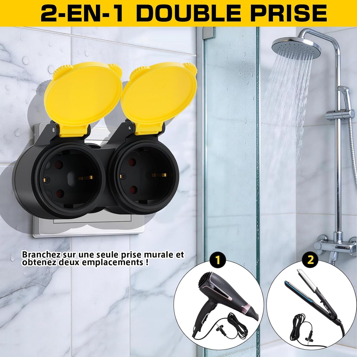 Adamyee Double Socket Adapter IP44 Waterproof 16A 250V 3680W Outdoor Indoor Schuko Plug Compact