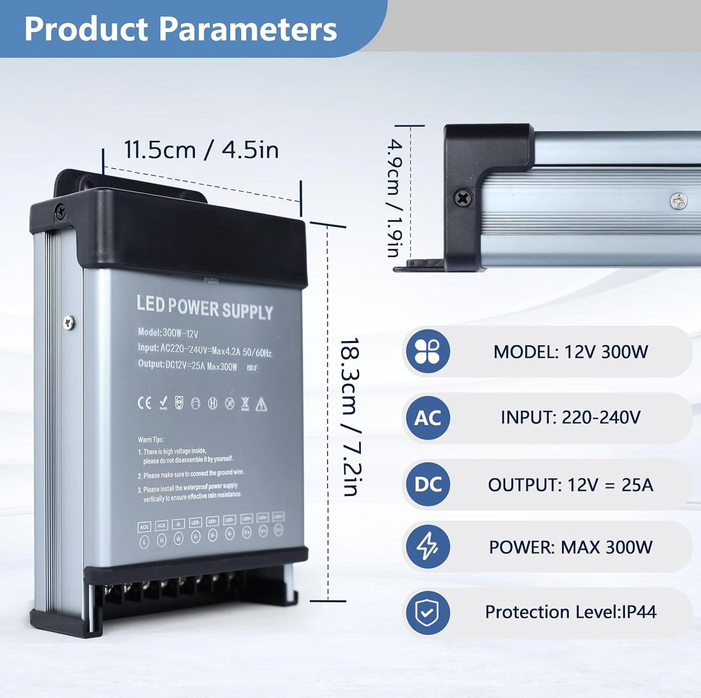 YOODI 12V Power Supply 300W 25A LED Driver IP44 Waterproof Transformer AC 220V to DC 12V Ultra Thin Flicker-Free Adapter