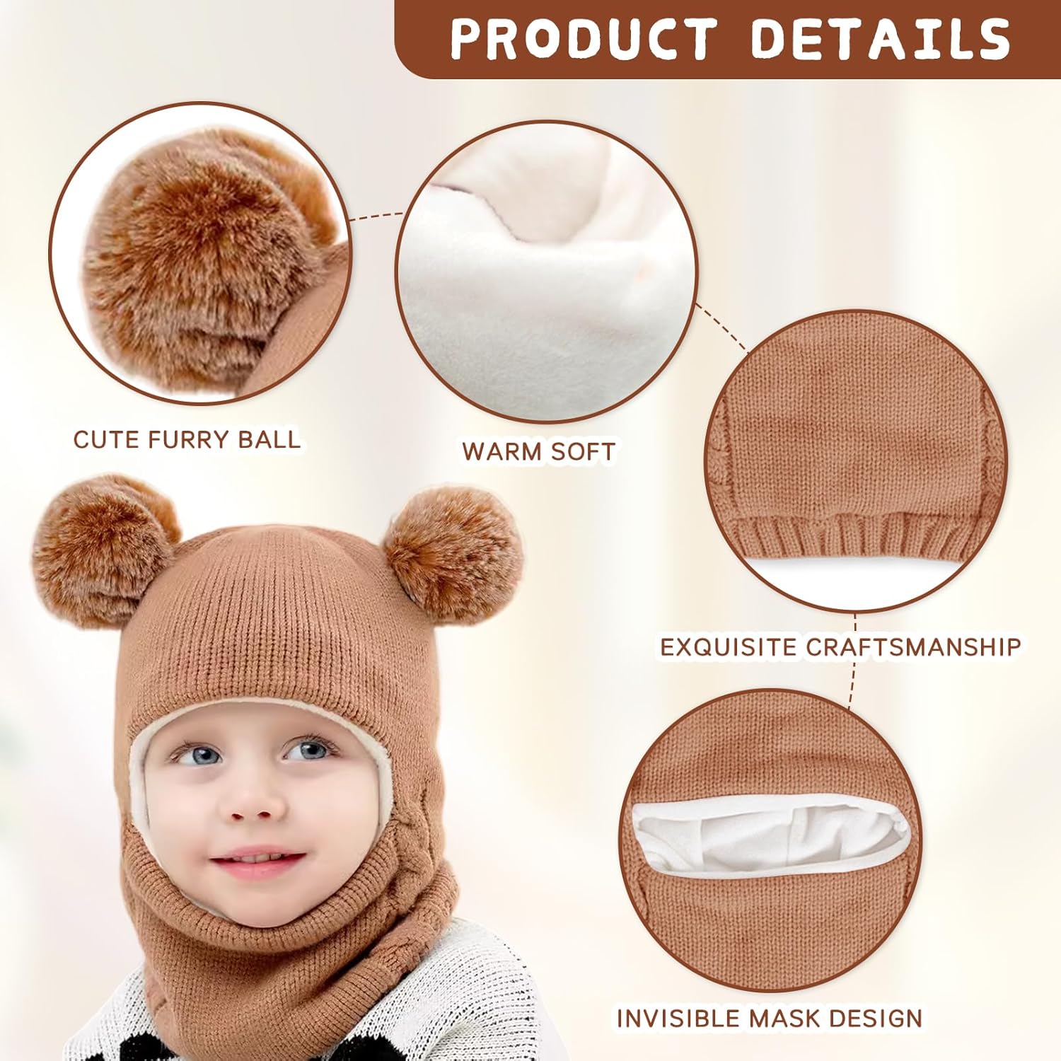 Fadcaer Warm Hooded Baby Winter Hat with Pom Pom