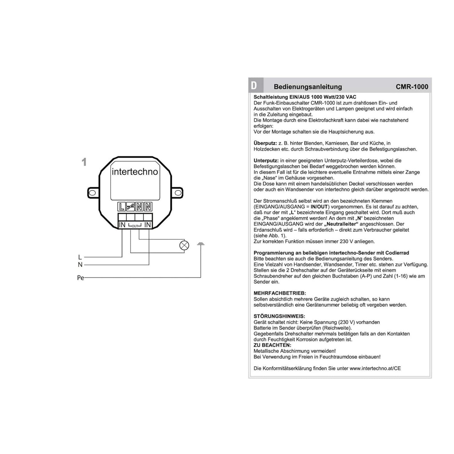 Intertechno CMR-1000 Wireless Push Button Switch for 230V Applications
