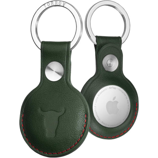 Premium Genuine Leather TORRO AirTag Keychain with Brushed Ring Green