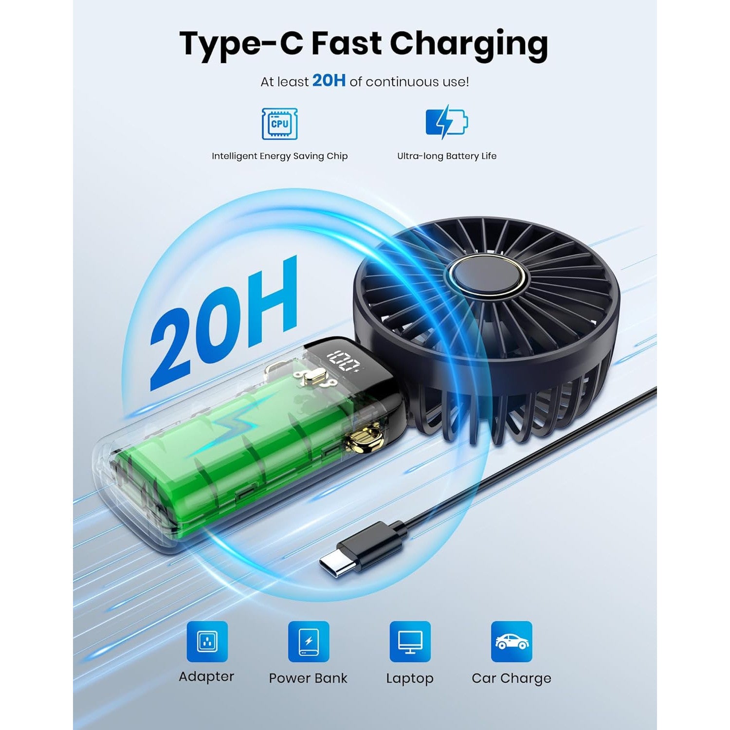 TUSRAC Portable 5000mAh USB Rechargeable Handheld Desk Fan, 5 Speeds, Blue