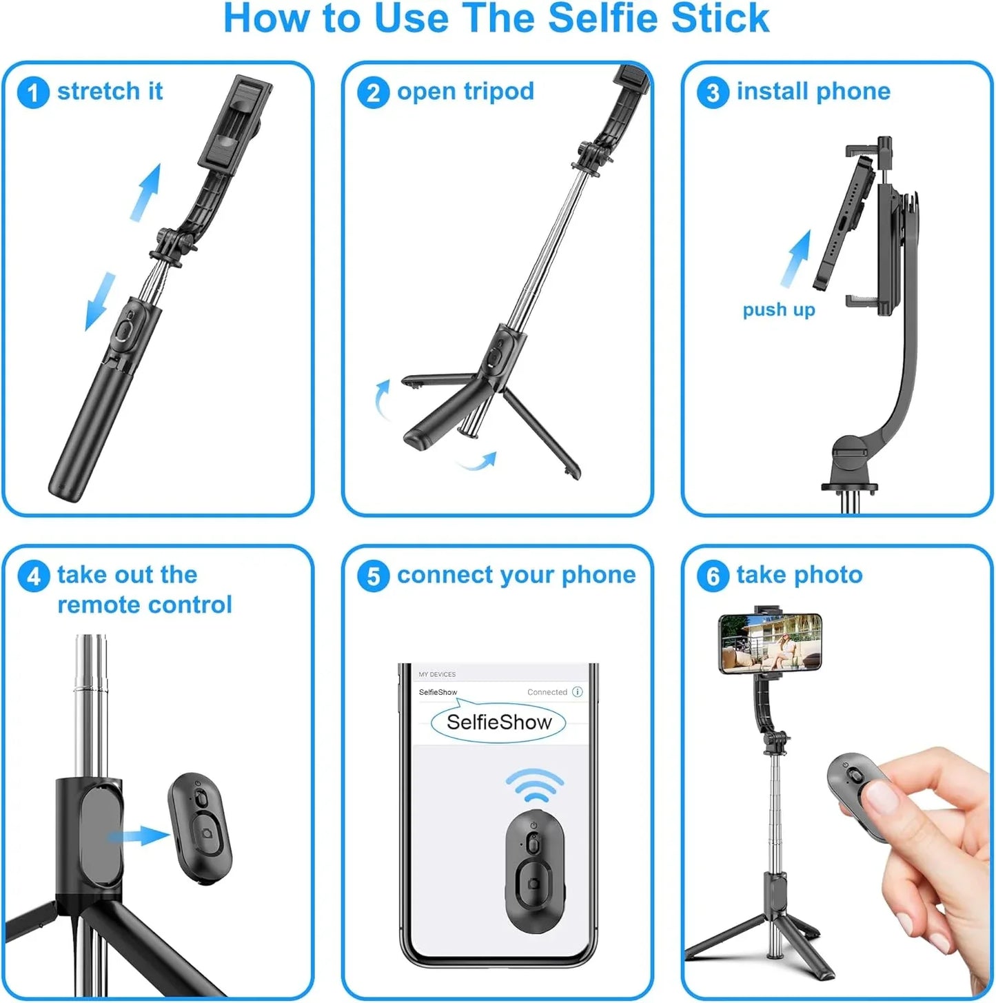 Black SelfieShow Portable Extendable Selfie Stick Tripod with Wireless Remote - Gomix Brands Outlet