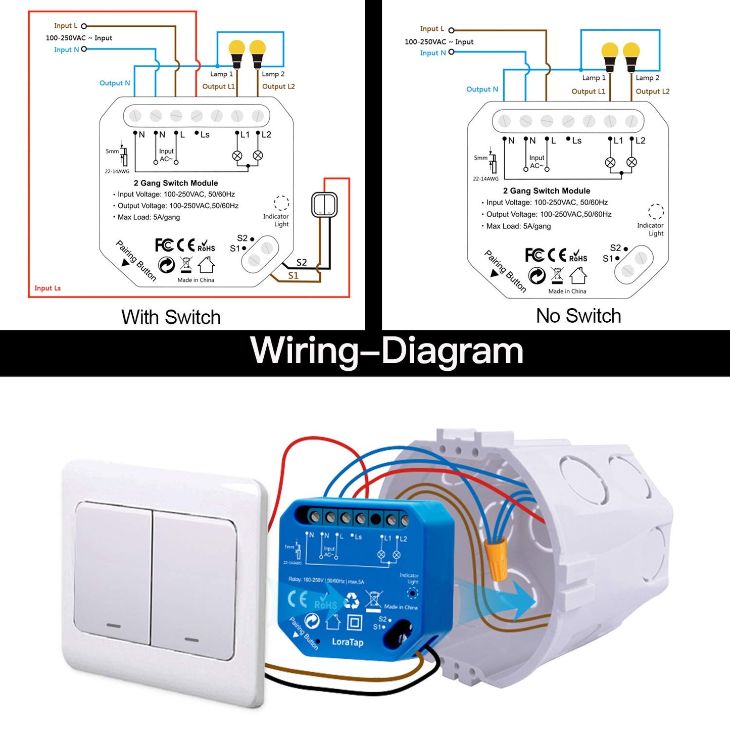 LoraTap Alexa Dual WiFi Smart Switch – 2‑Channel, 5A, 1100W