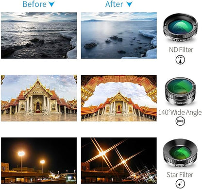 APEXEL 6in1 Clip on Phone Lens Kit before and after