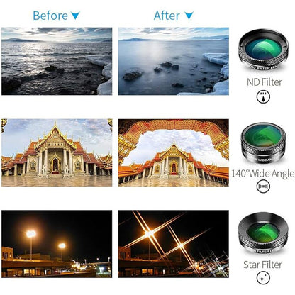 APEXEL 6in1 Clip on Phone Lens Kit before and after