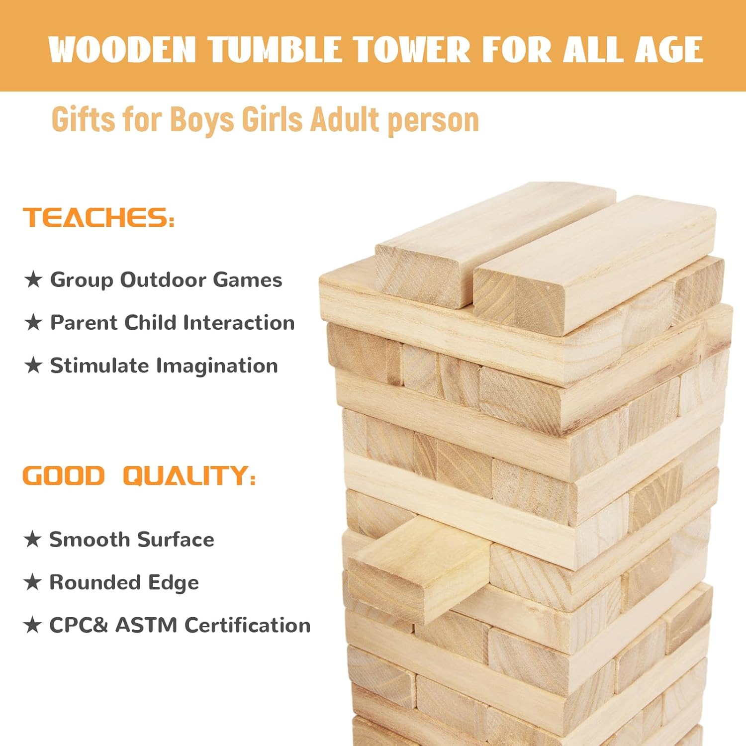 Giant Wooden Tumble Tower Game – 60 Large Timber Blocks