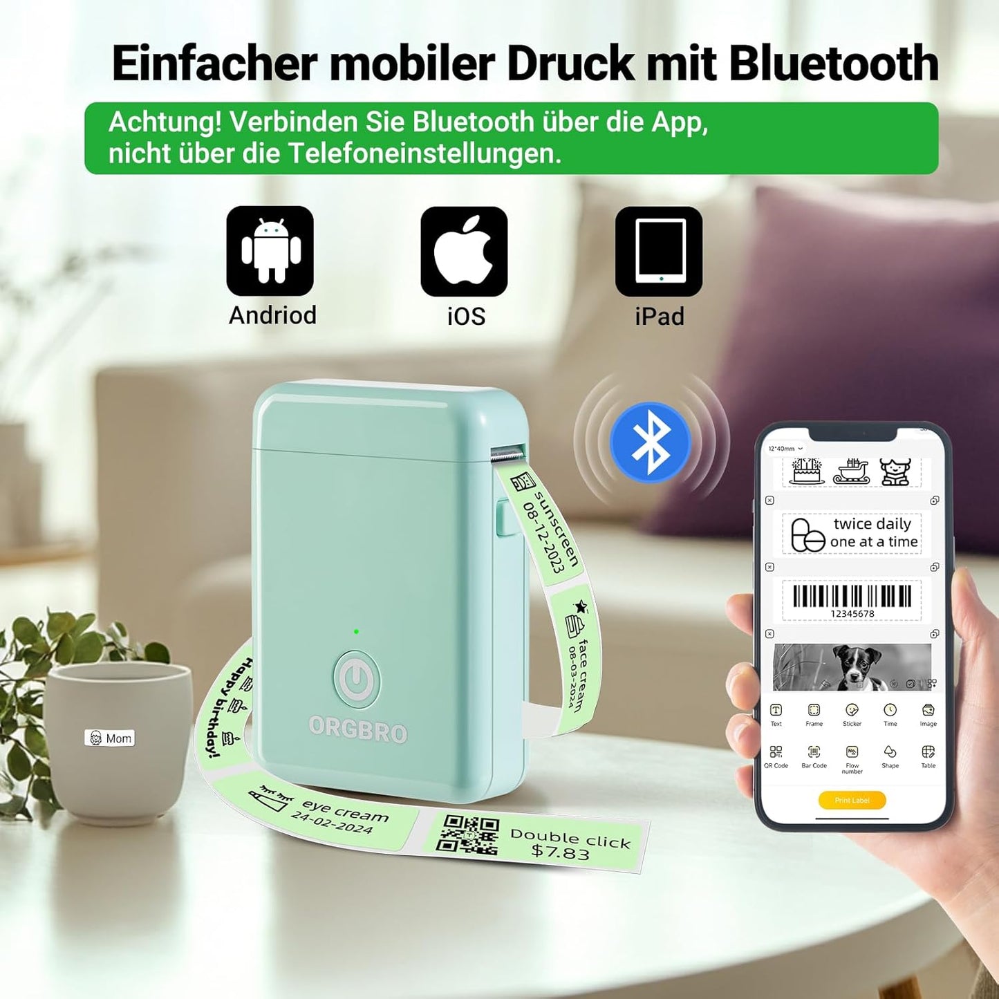 ORGBRO X1 Portable Bluetooth Mini Label Printer with Tape – Compact Wireless Label Maker for Home, School & Office