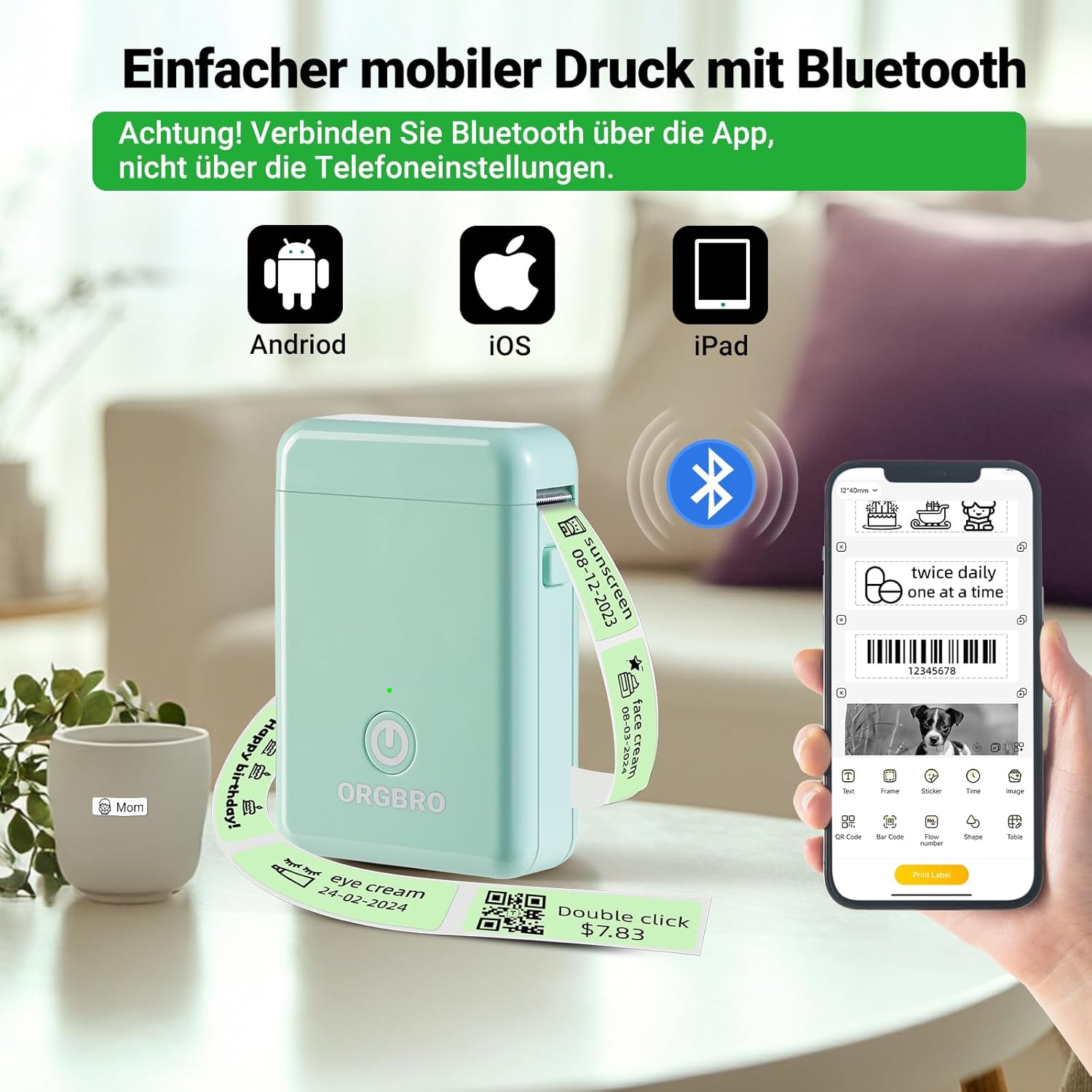 ORGBRO X1 Portable Bluetooth Mini Label Printer with Tape – Compact Wireless Label Maker for Home, School & Office