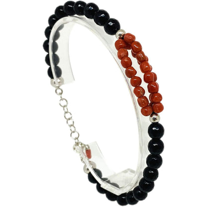 Handcrafted Mediterranean Red Coral Black Onyx Bracelet with Silver Closure