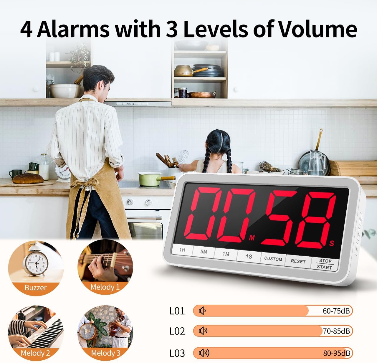 VOCOO Digital Kitchen Timer 7.8" Extra Large Display Magnetic LED White