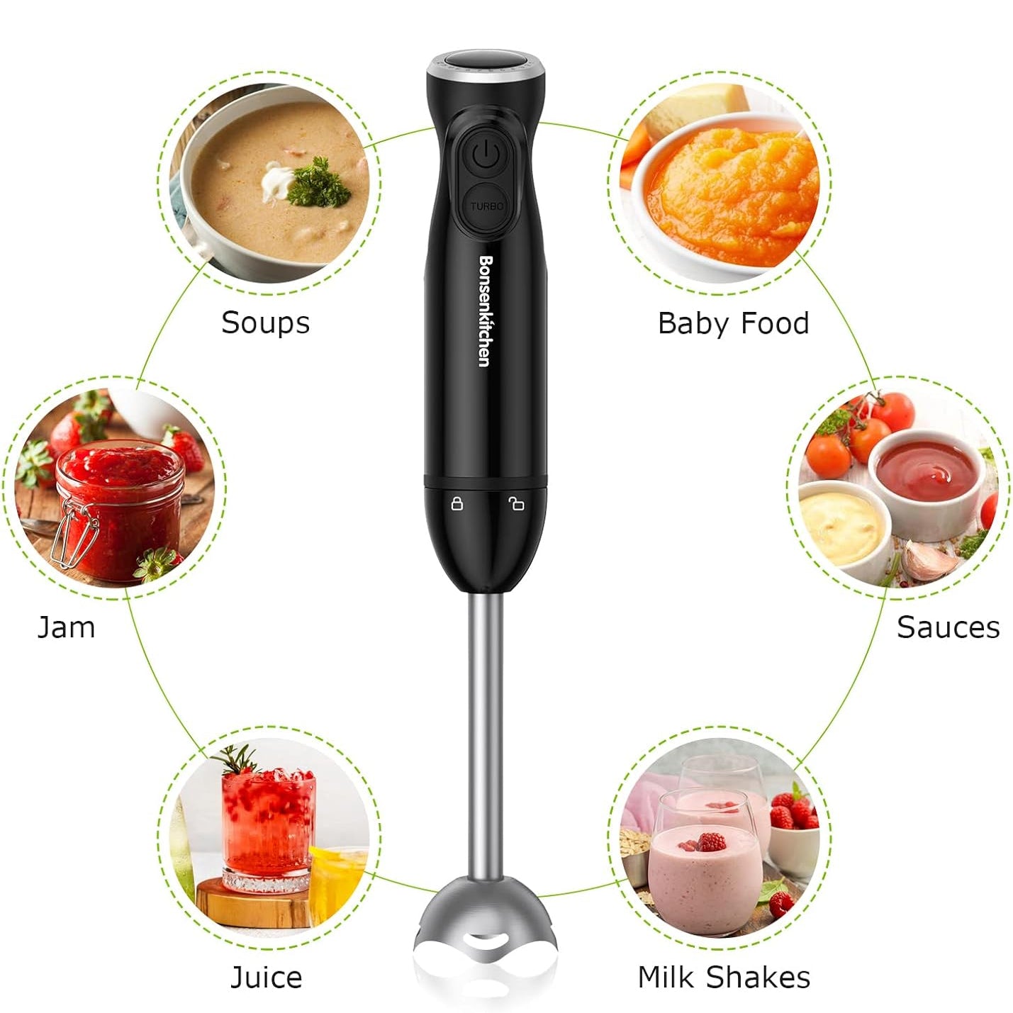 Bonsenkitchen 12-Speed Immersion Hand Blender with Stainless Steel Blade