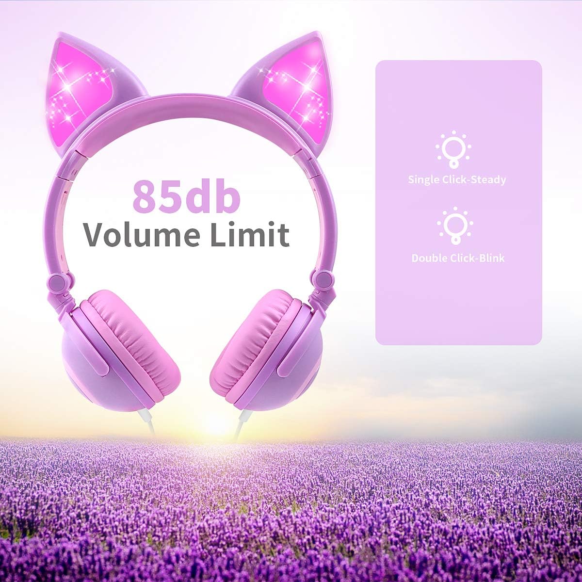 Esonstyle Kids Cat Ear Headphones Wired Over-Ear 85dB Volume Limited Food-Grade Silicone 3.5mm Jack Pink