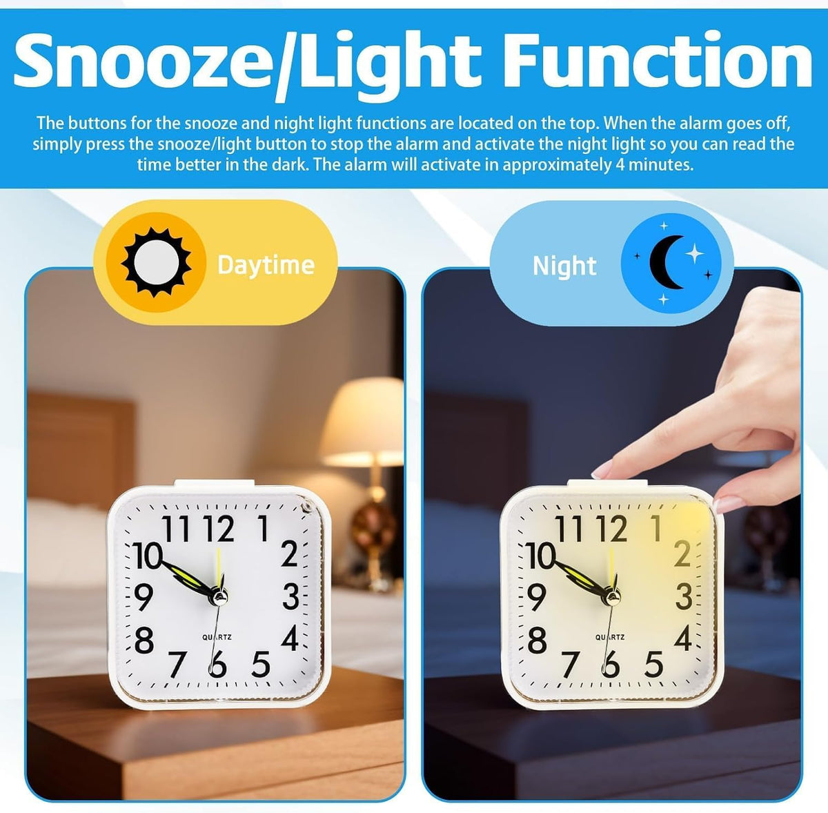 Fuitke 1 Silent Analogue Travel Alarm Clock White