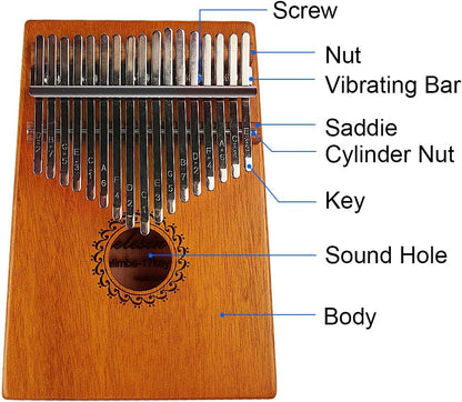 17 Key Thumb Piano Mahogany Wood, Portable Mbira Finger Piano