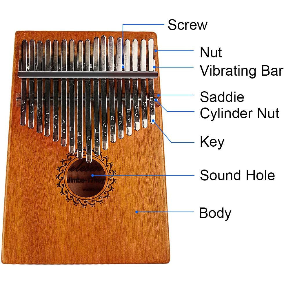 17 Key Thumb Piano Mahogany Wood, Portable Mbira Finger Piano