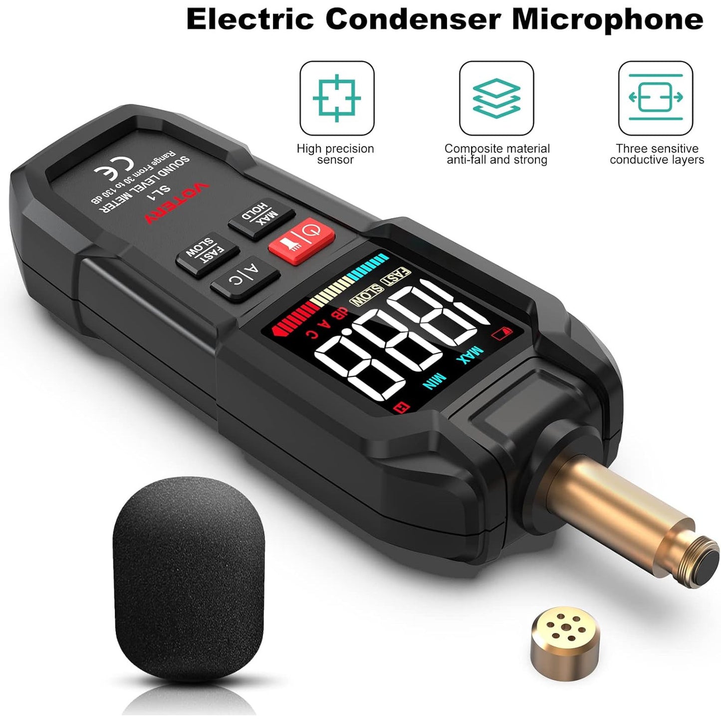 Votery Portable Digital Decibel Meter 30-130 dB A/C Weighted