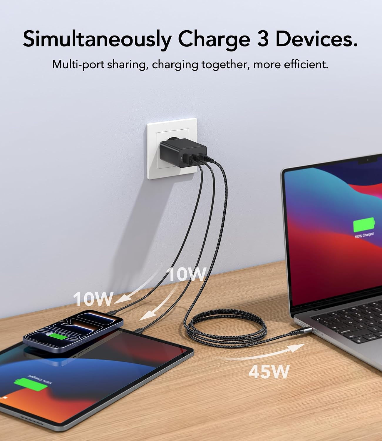 Anykon 65W USB C GaN Charger 3-Port PPS PD Fast Charging Block with 2M Braided Cable Black