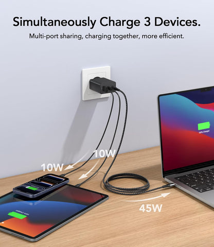 Anykon 65W USB C GaN Charger 3-Port PPS PD Fast Charging Block with 2M Braided Cable Black