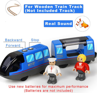 Blue Battery-Powered Electric Train for Wooden Railway Sets
