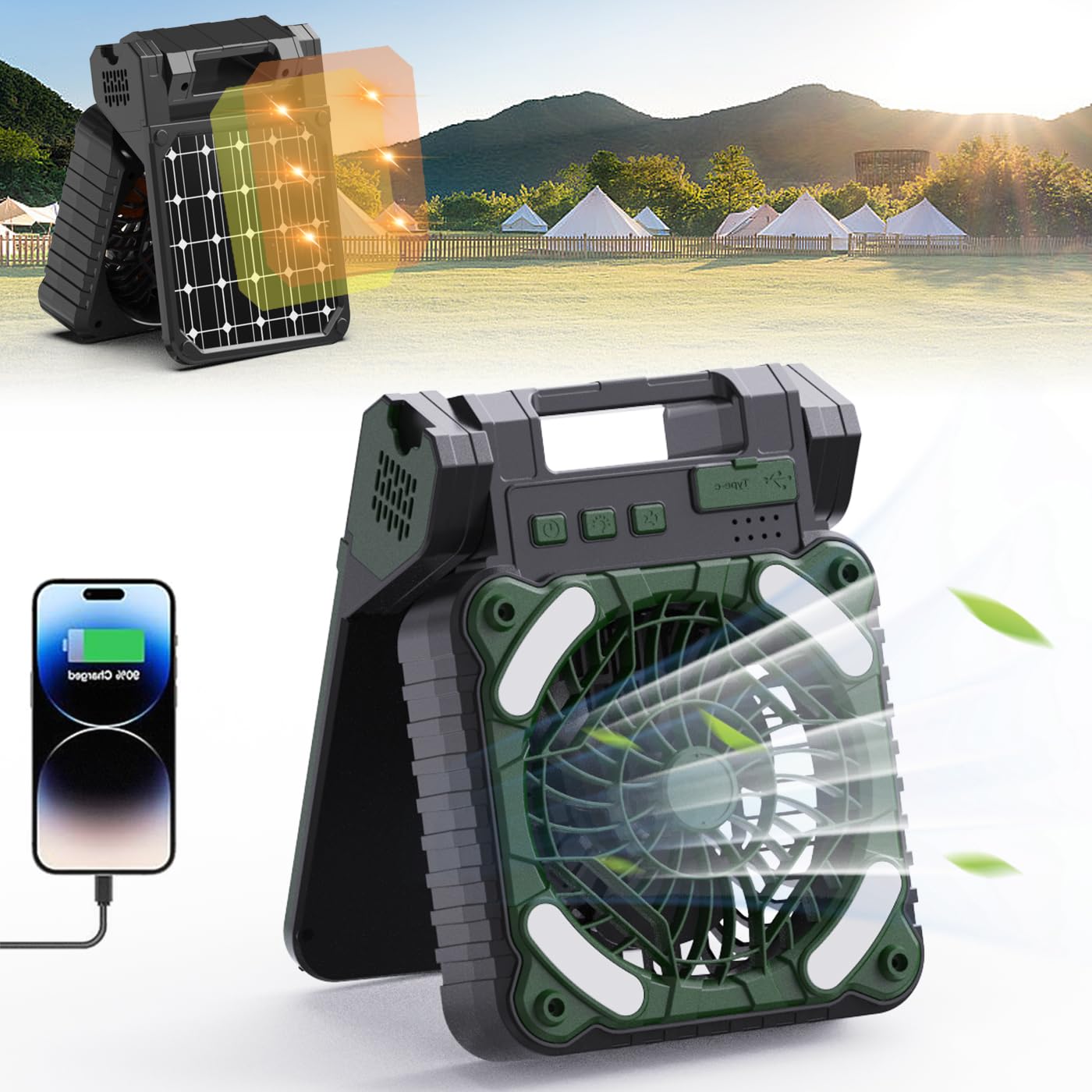 Alokrupswam SF-1 Solar Camping Fan with Phone Charger and LED Light