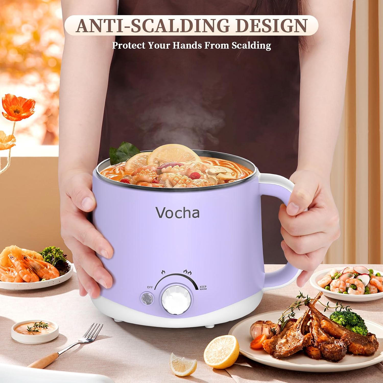 Vocha Electric Hot Pot 1.6L 600W Keep Warm Function Portable Travel Cooker Purple V016