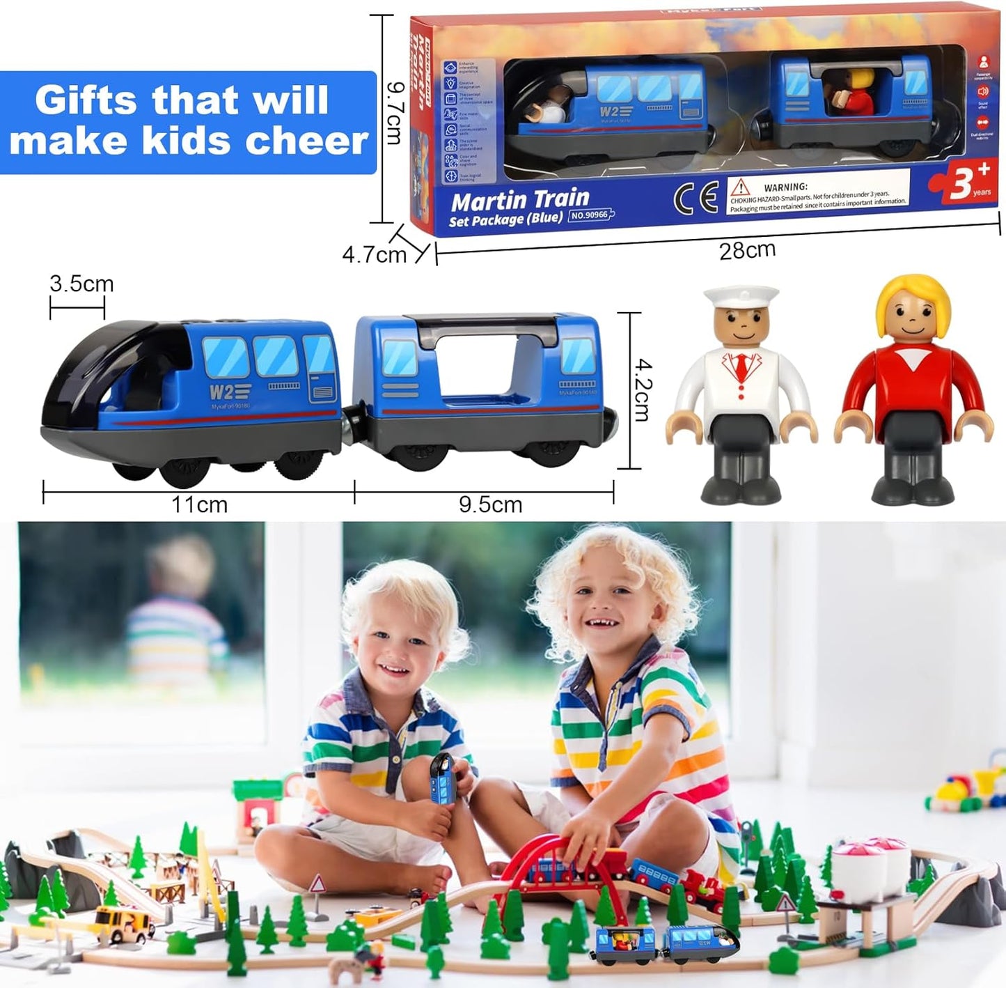 Blue Battery-Powered Electric Train for Wooden Railway Sets