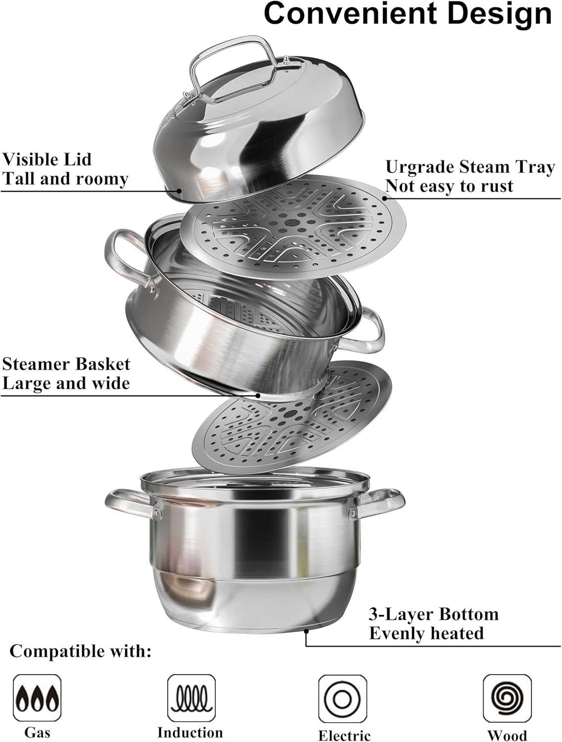 VENTION 3 Tier Stainless Steel Steamer Pot 11 Inch