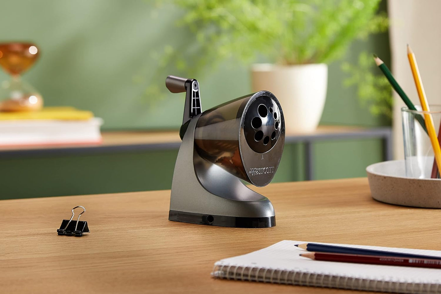 Westcott iPoint ClassAct Manual Pencil Sharpener with Anti‑Microbial Grey Finish