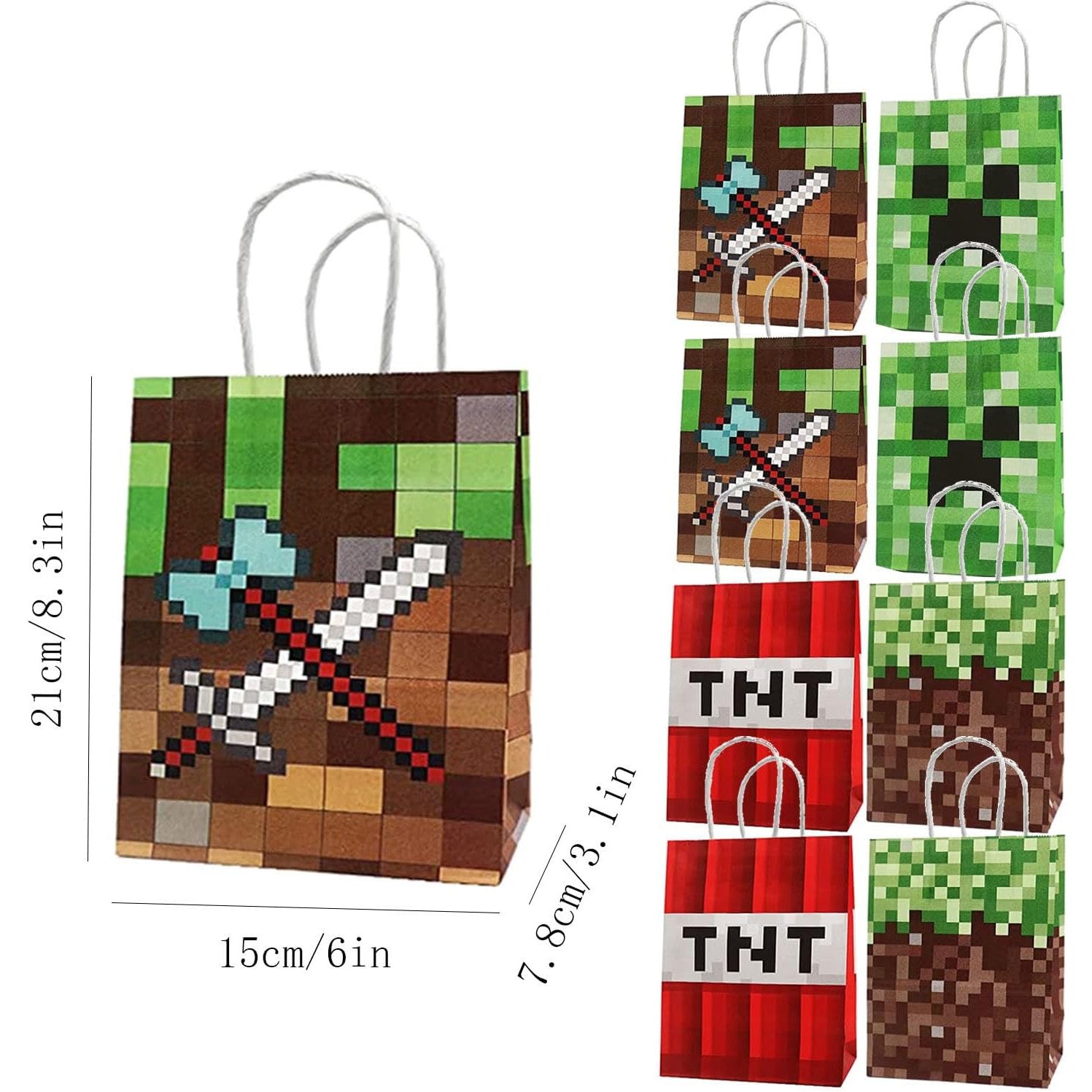 24 Pack Green Pixel Gift Bags with Top Handles