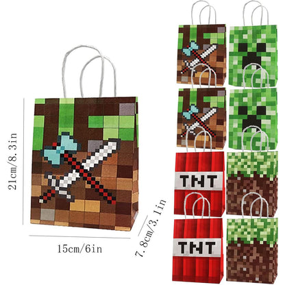 24 Pack Green Pixel Gift Bags with Top Handles