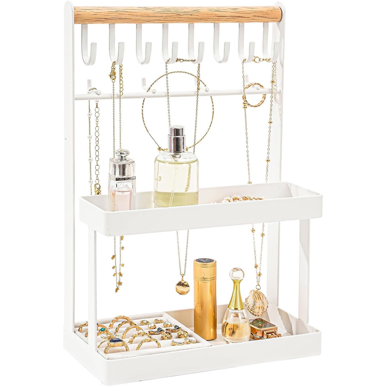 Lolalet 4‑Tier Jewelry Organizer Stand with 12 Hooks – White