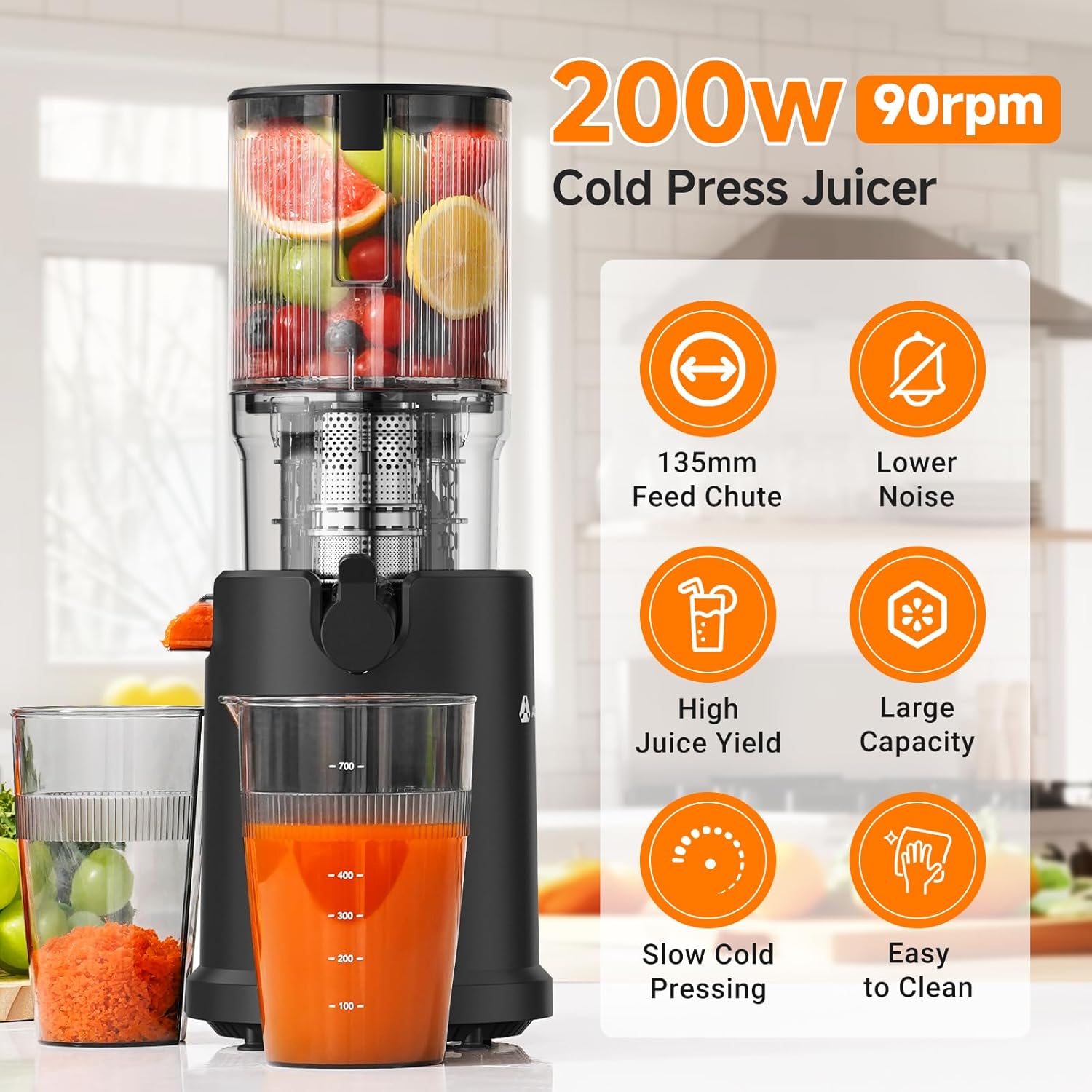 AOBOSI 135mm Large Feed Chute 1.5L 200W Cold Press Juicer – Black