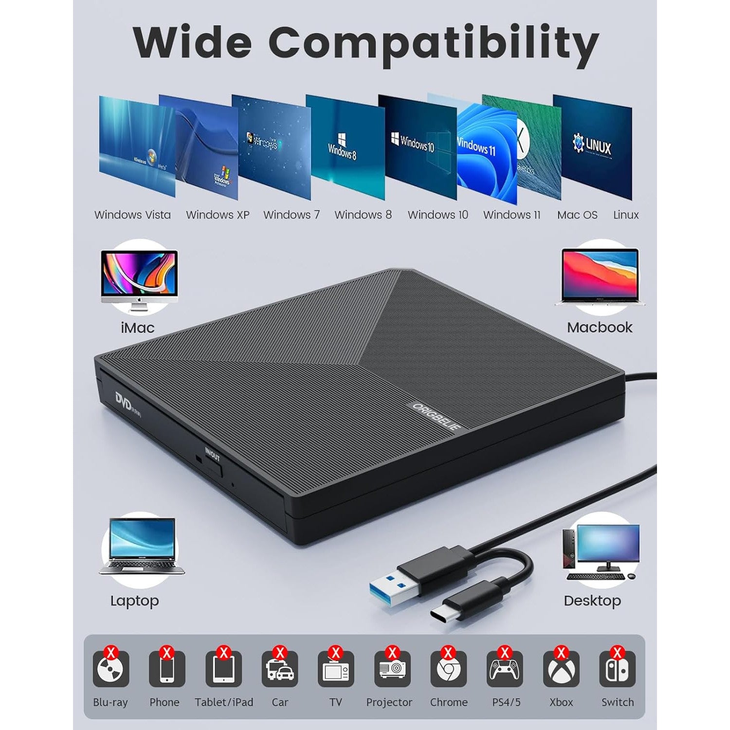 ORIGBELIE Portable USB 3.0 External CD/DVD Burner with RGB