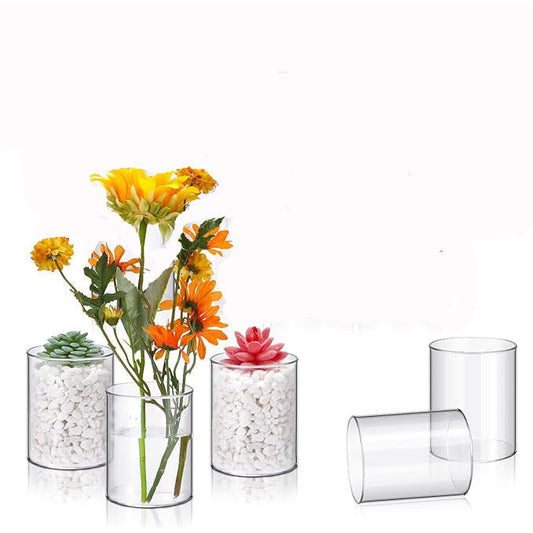 Vesici 20 Pcs Plastic Cylinder Vase Acrylic Cylinder Vase Bulk Small Clear Flower Container Hurricane Candle Holder Round Wide Container Centerpiece for Home Office Wedding Decorations (4 Inch)