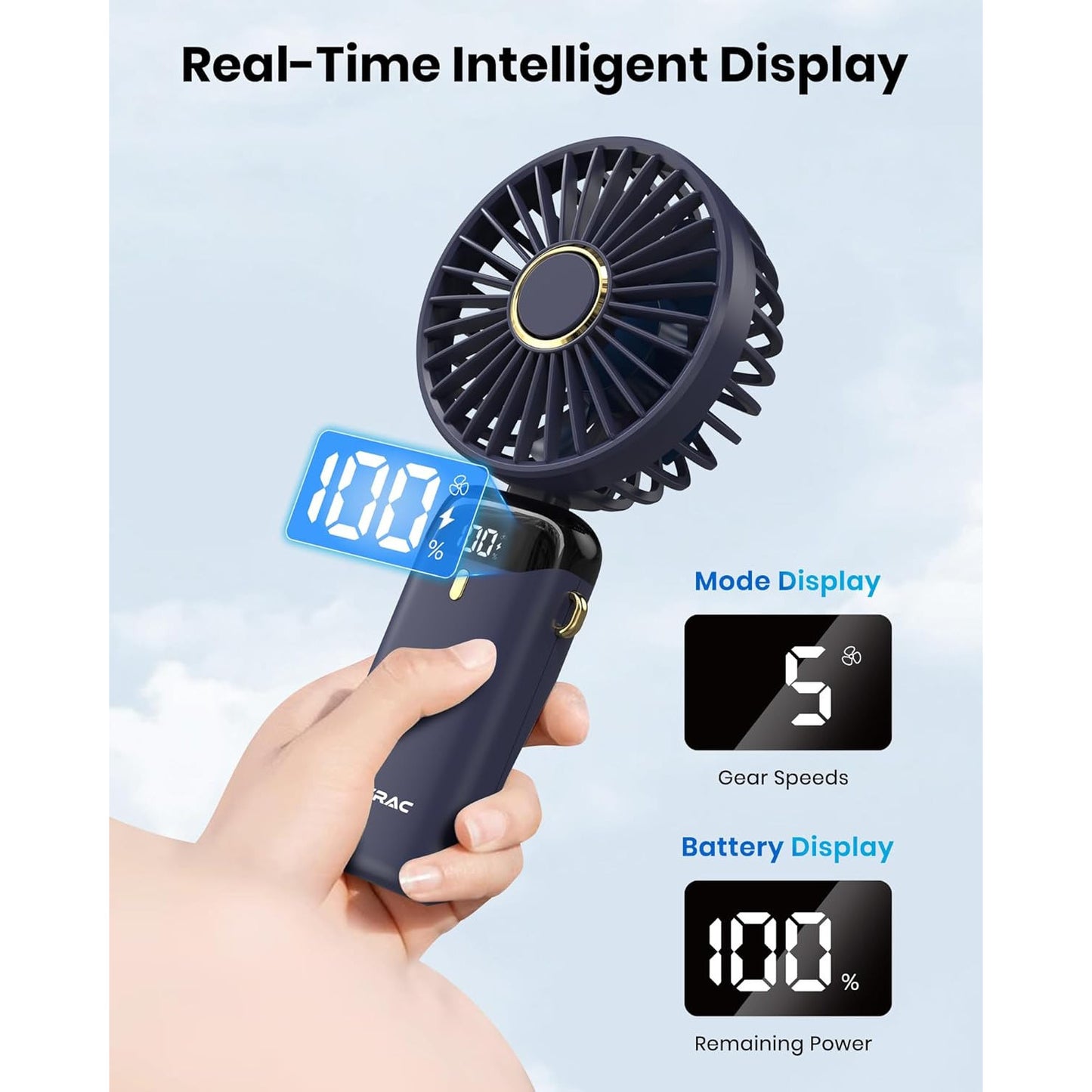 TUSRAC Portable 5000mAh USB Rechargeable Handheld Desk Fan, 5 Speeds, Blue