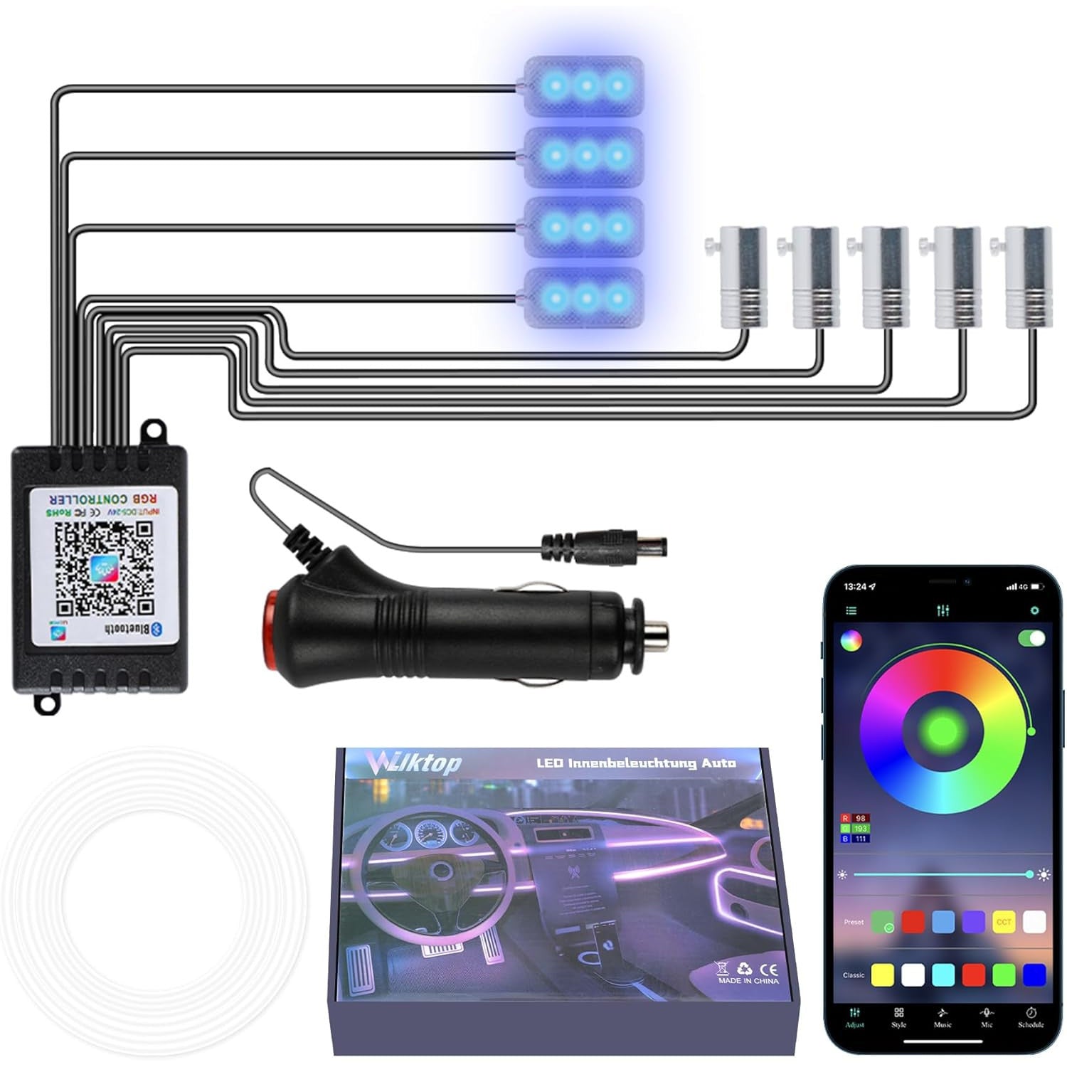 Wilktop RGB Car Interior LED Strip with App 12V