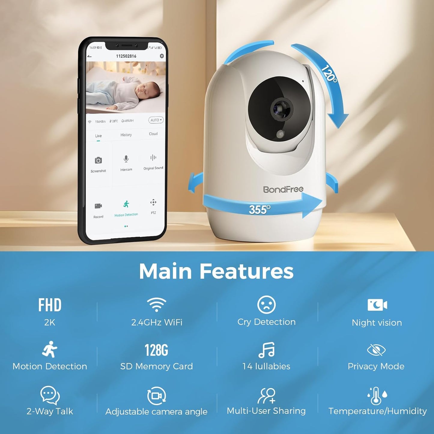 BondFree 2K HD Baby Monitor with Camera and Audio: Crystal Clear View