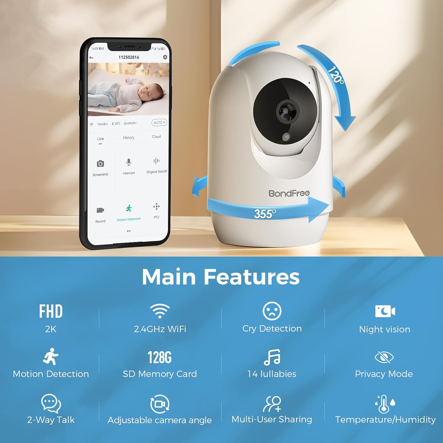 BondFree 2K HD Baby Monitor with Camera and Audio: Crystal Clear View