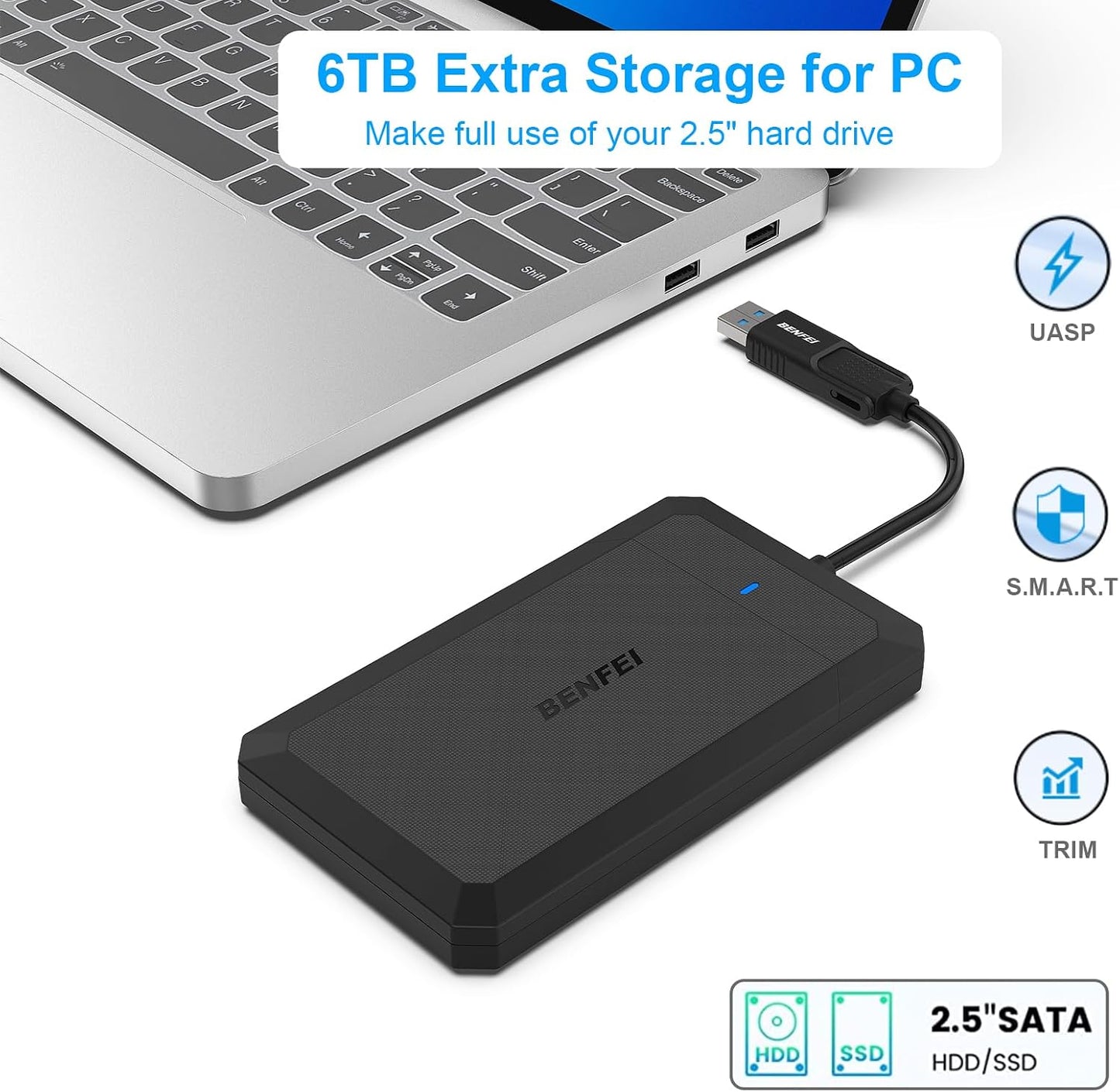 BENFEI 2.5 Inch SATA to USB Tool-Free External Hard Drive Enclosure USB-C USB-A Compatible with 2.5 Inch SSD UASP SATA III Black