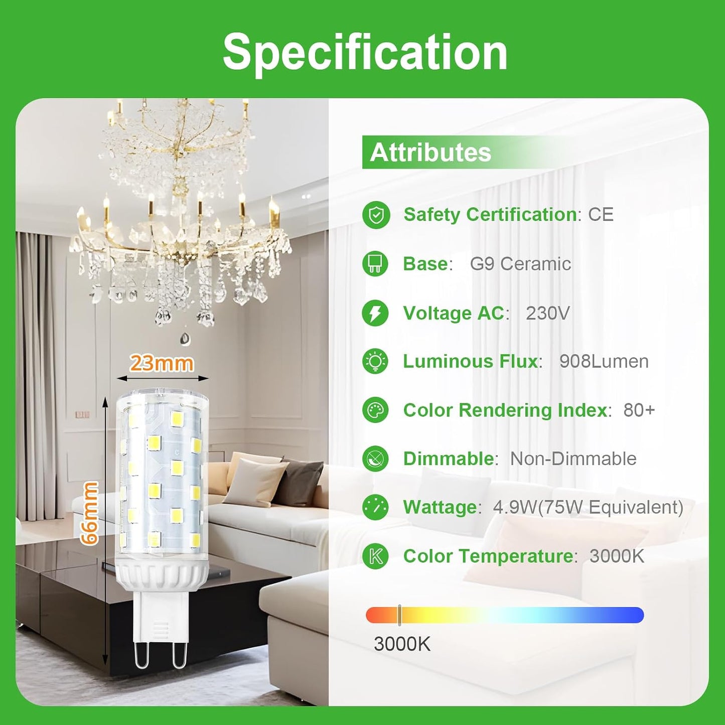 GY G9 LED Bulb 4.9W 3000K Warm White 908 Lumens Non-Dimmable 10-Pack
