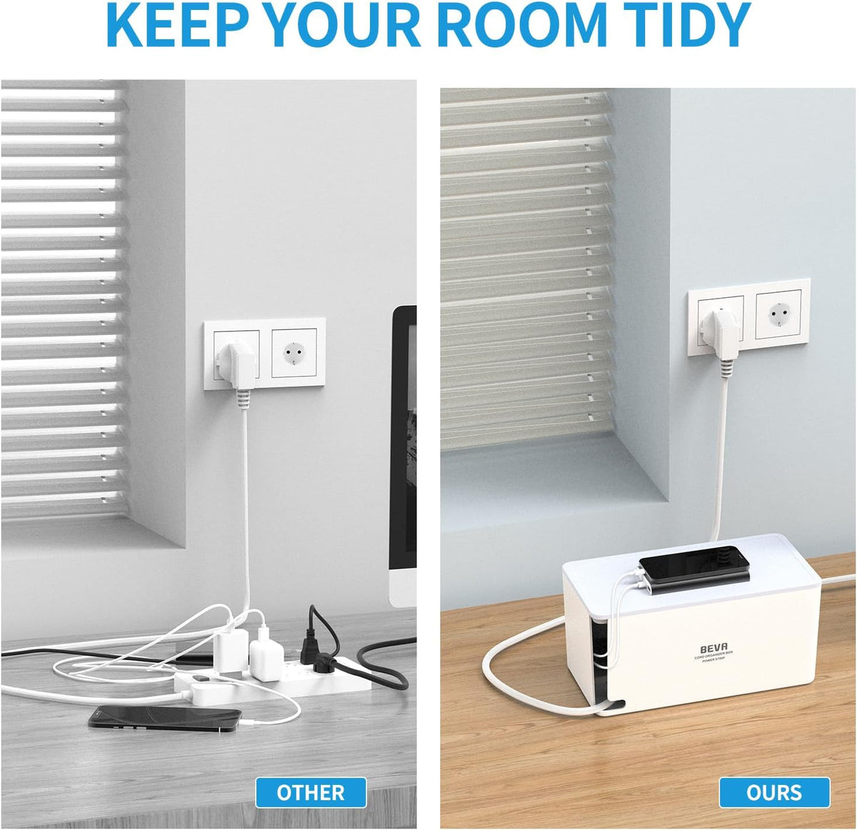BEVA PW0620-CU-W Power Strip with Cable Organizer Box 3680W