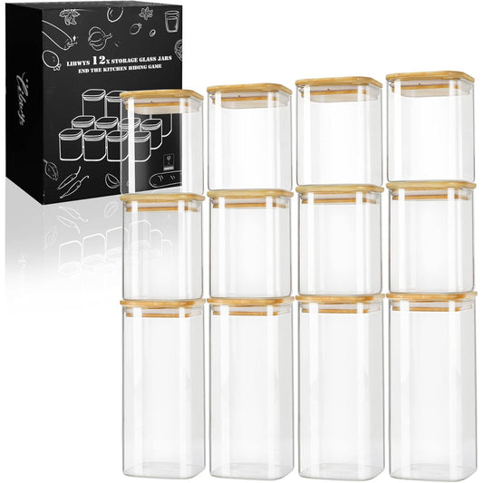 LIBWYS 12-Piece Square Glass Storage Jars with Bamboo Lids