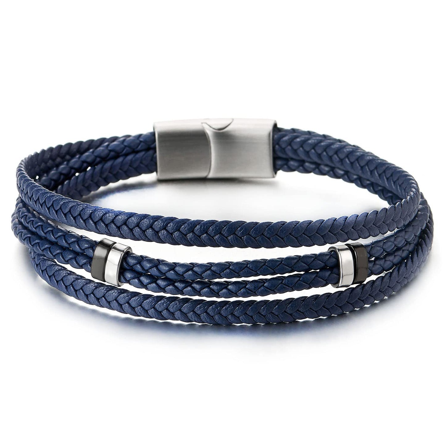 Navy Blue Braided Leather Bracelet with Magnetic Stainless Steel Clasp
