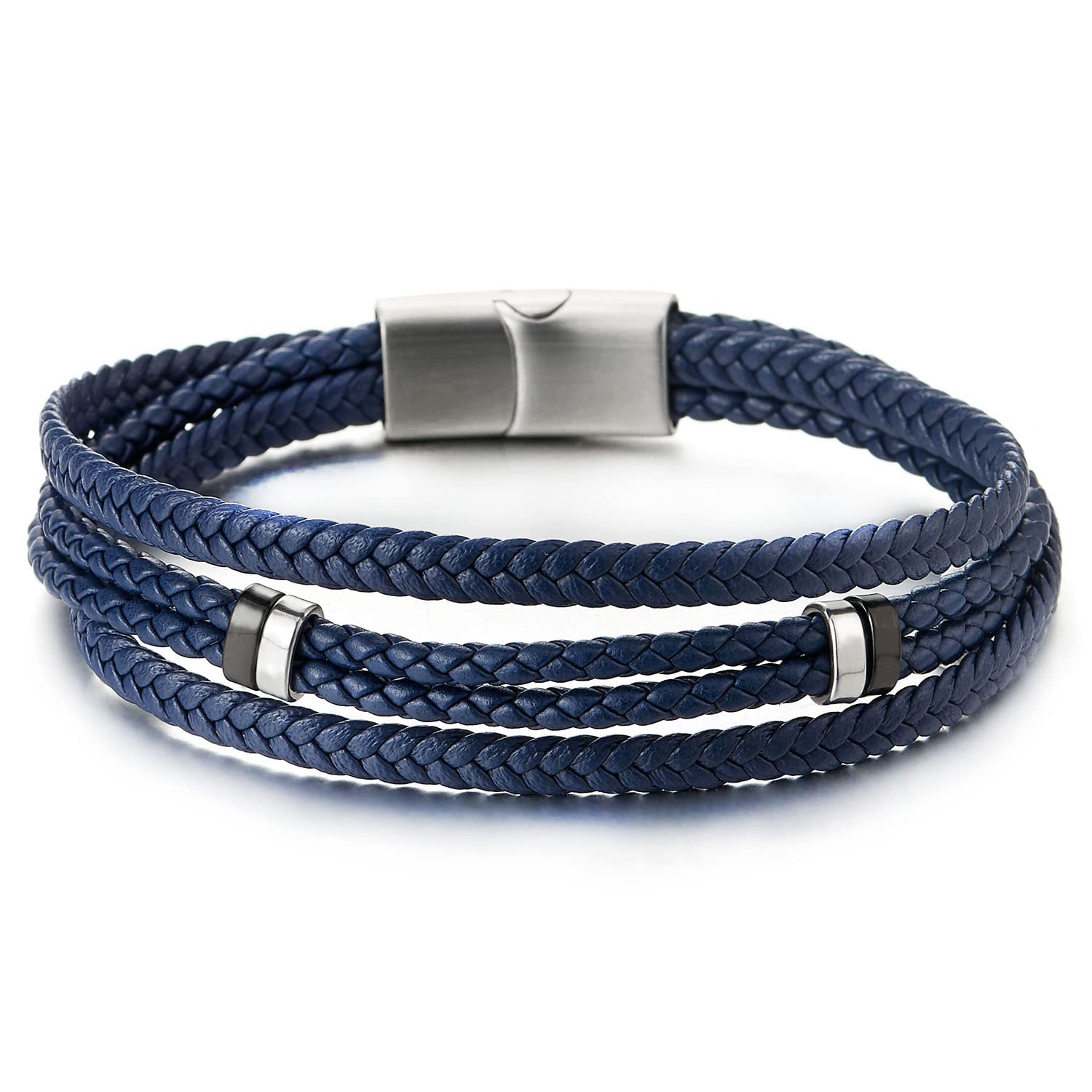 Navy Blue Braided Leather Bracelet with Magnetic Stainless Steel Clasp
