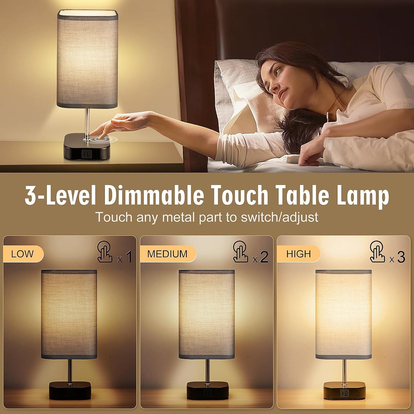 Bedside Lamps Set of 2 – Touch‑Control, USB‑C/A Charging, 3‑Way Dimmable Table Lamps with Grey Fabric Shade
